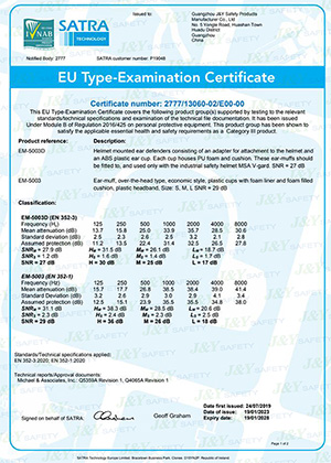 CE Certificate for EM-5003D and EM-5003 Earmuffs