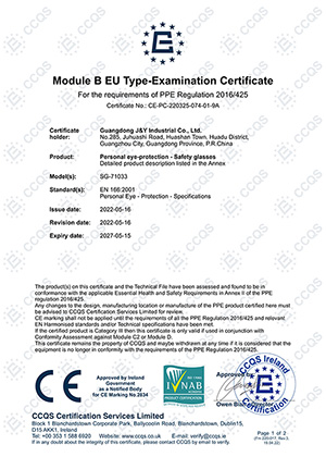 CE Certificate for SG-71033 Safety Glasses