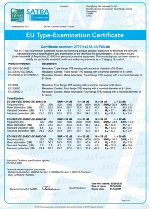  CE Certificate for TPE Earplugs