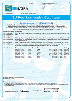 CE Certificate for Safety Glasses